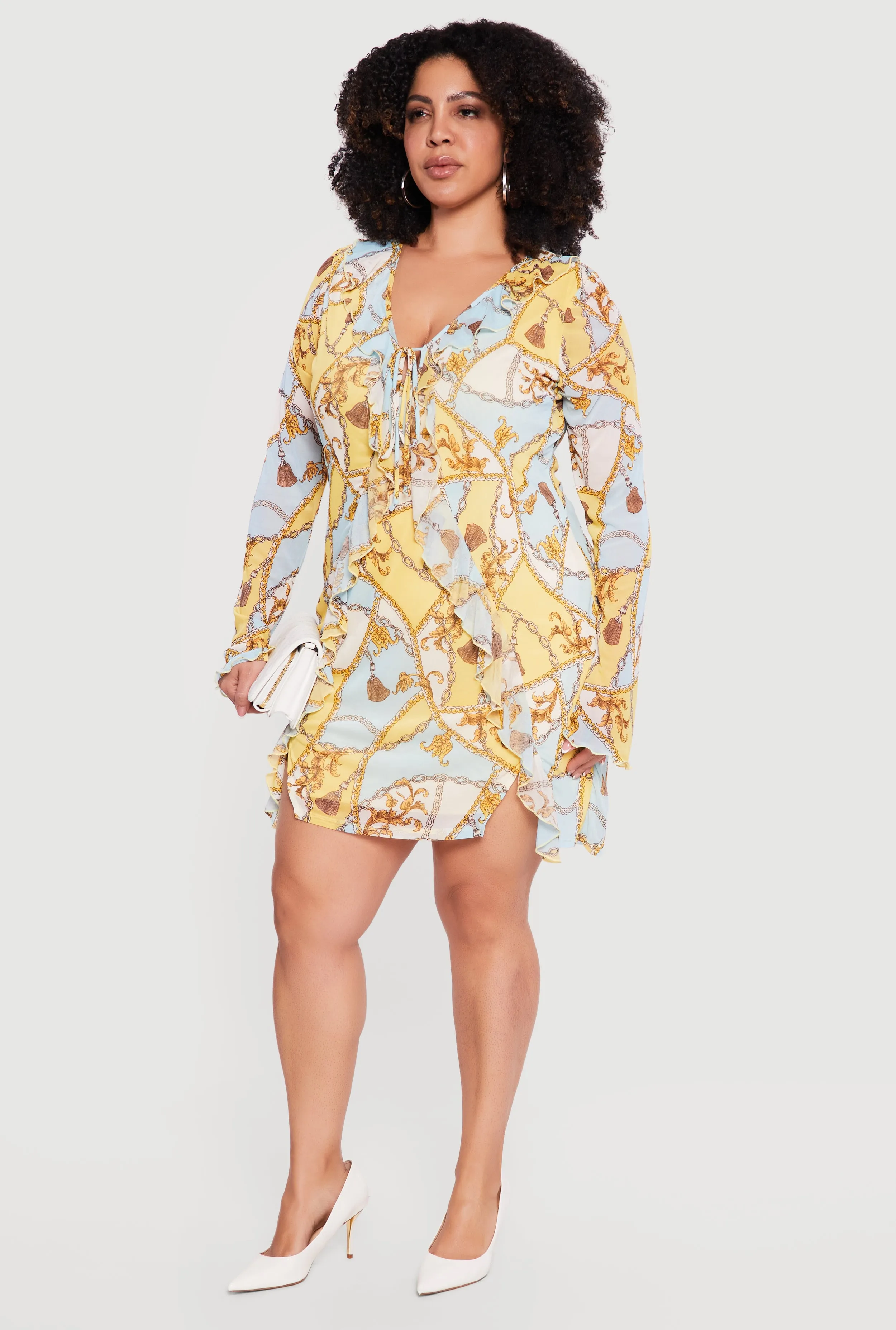 Plus Size Chain Print Ruffle Trim Tie Front Dress sold by Rainbow product image thumbnail 2