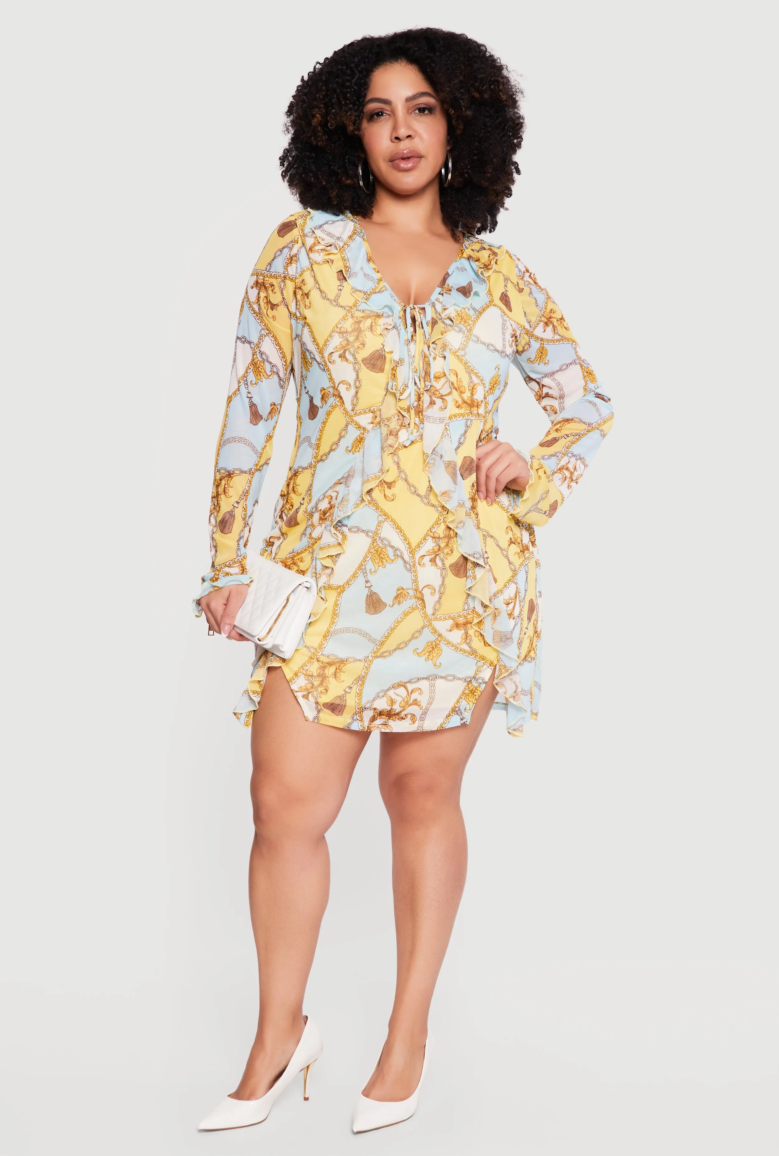 Plus Size Chain Print Ruffle Trim Tie Front Dress sold by Rainbow
