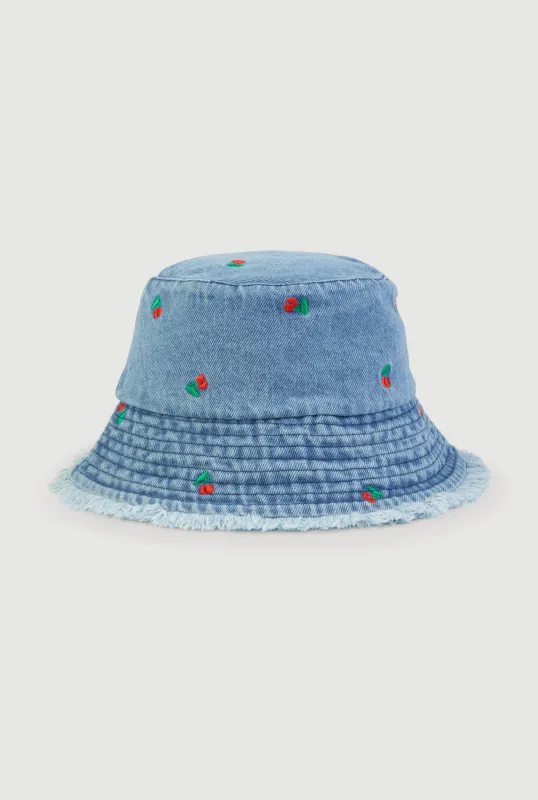 Embroidered Cherry Print Frayed Bucket Hat sold by Rainbow
