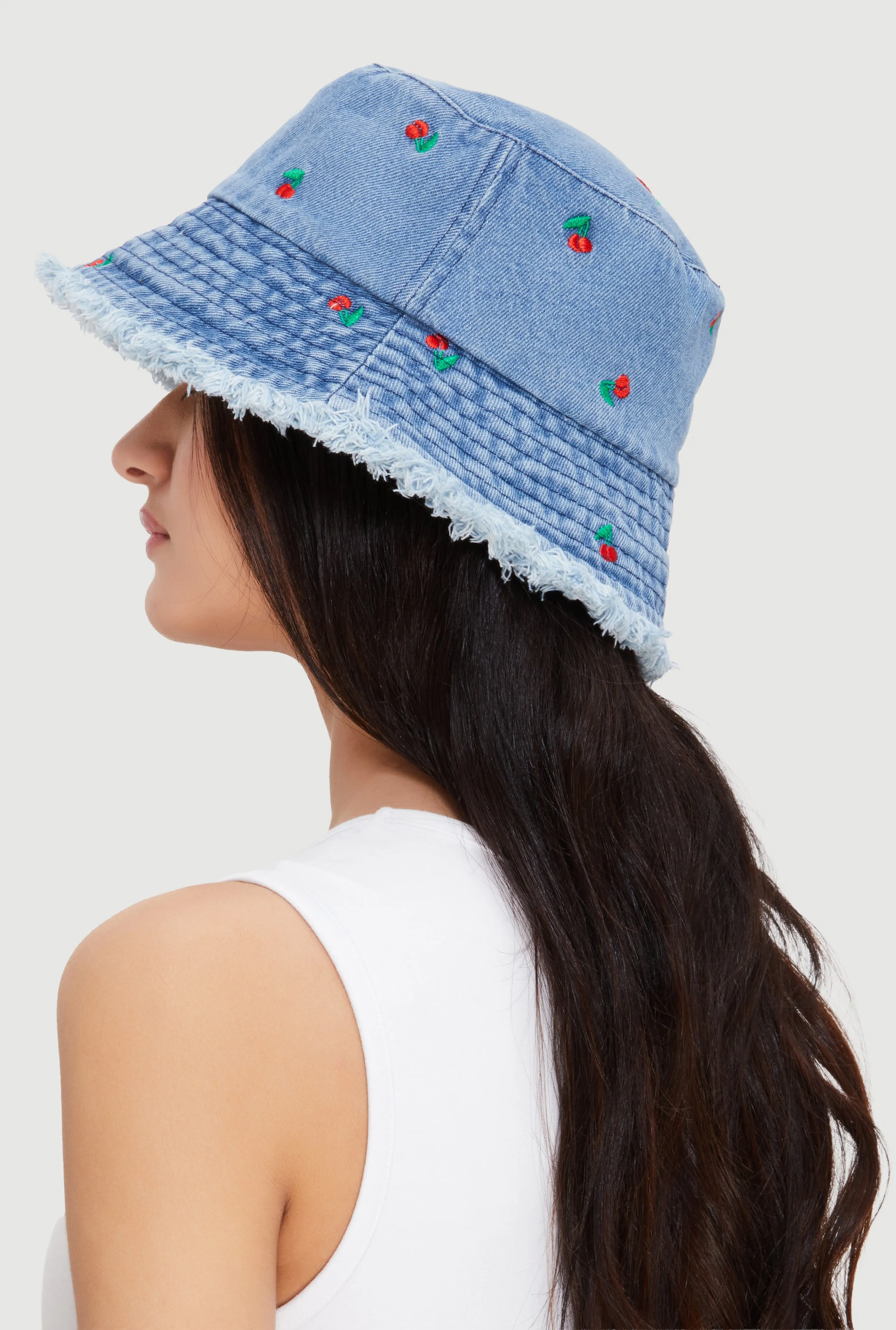 Embroidered Cherry Print Frayed Bucket Hat sold by Rainbow product image thumbnail 3