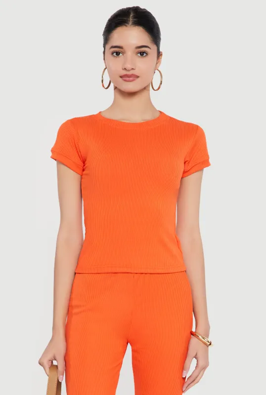 Ribbed Knit Short Sleeve High Neck Tee made by Rainbow