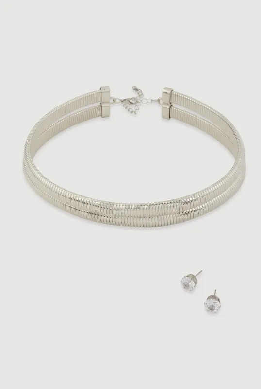 Double Snake Chain Necklace and Stud Earrings made by Rainbow