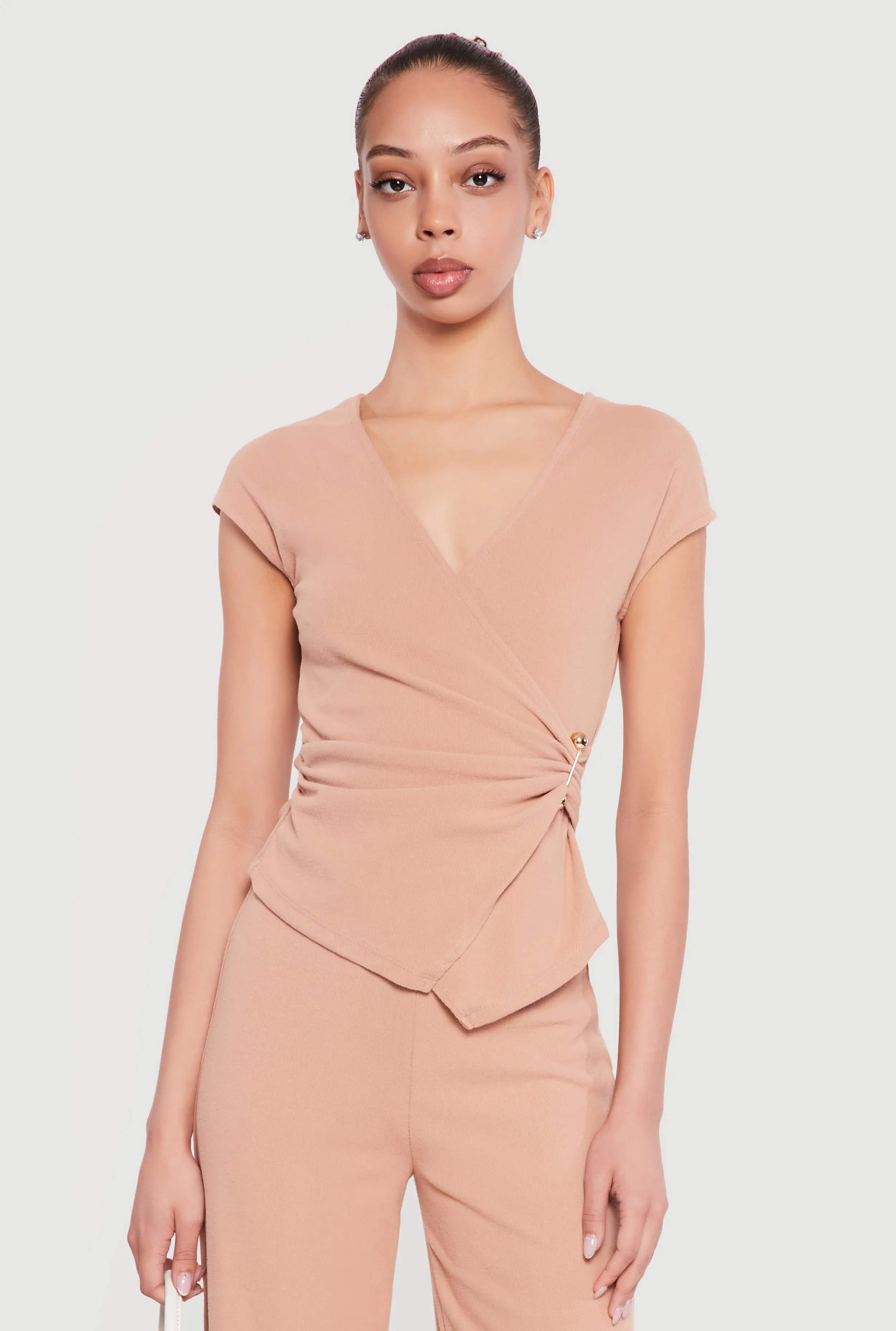 Cap Sleeve Faux Wrap Top with Metallic Pendant sold by Rainbow