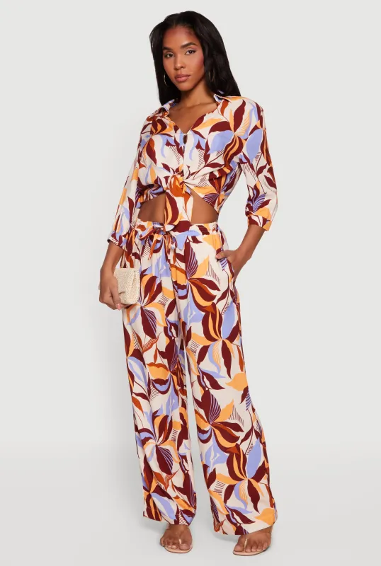 Leaf Print Drawstring High Waisted Pull On Pants sold by Rainbow