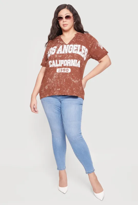 Plus Size Acid Wash Los Angeles Graphic Notched Neck Tee sold by Rainbow