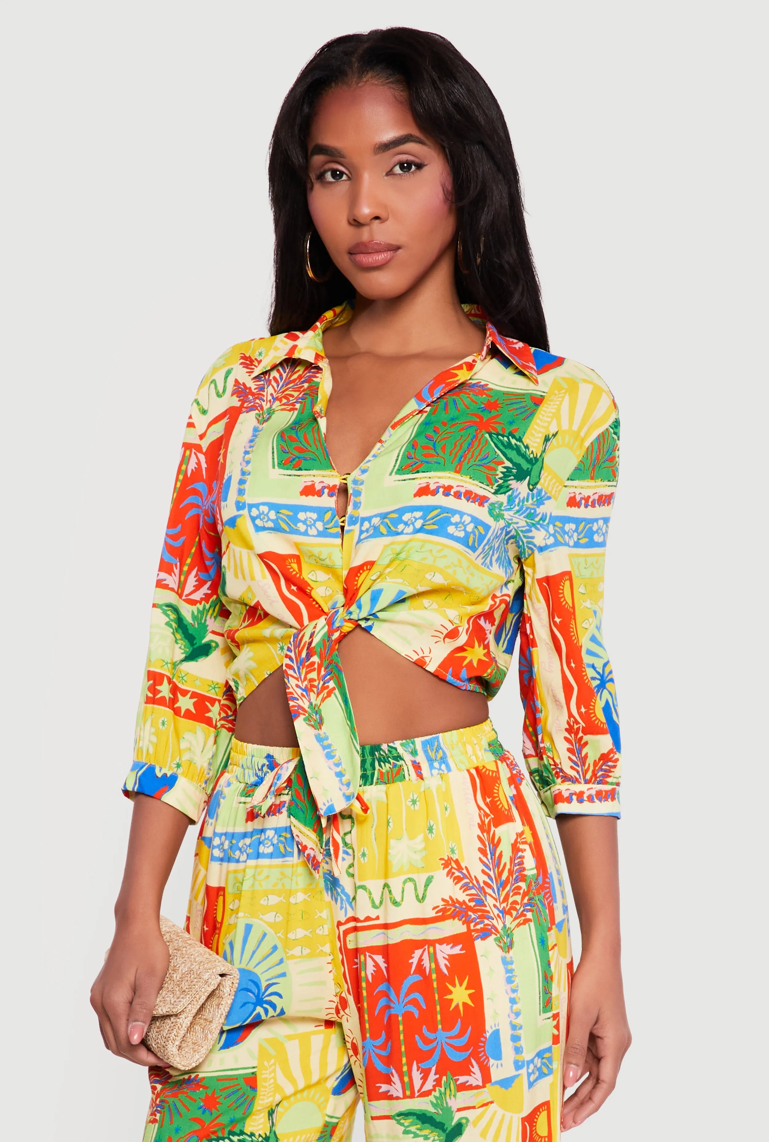 Patterned Cropped Tie Front Shirt sold by Rainbow
