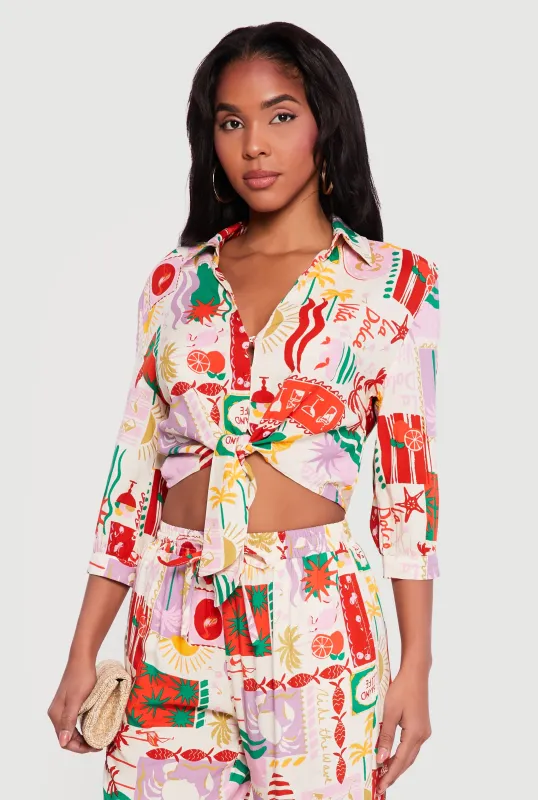 Patterned Cropped Tie Front Shirt sold by Rainbow