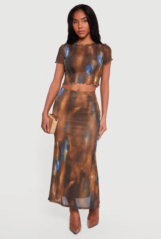 Patterned Mesh Overlay Maxi Skirt sold by Rainbow