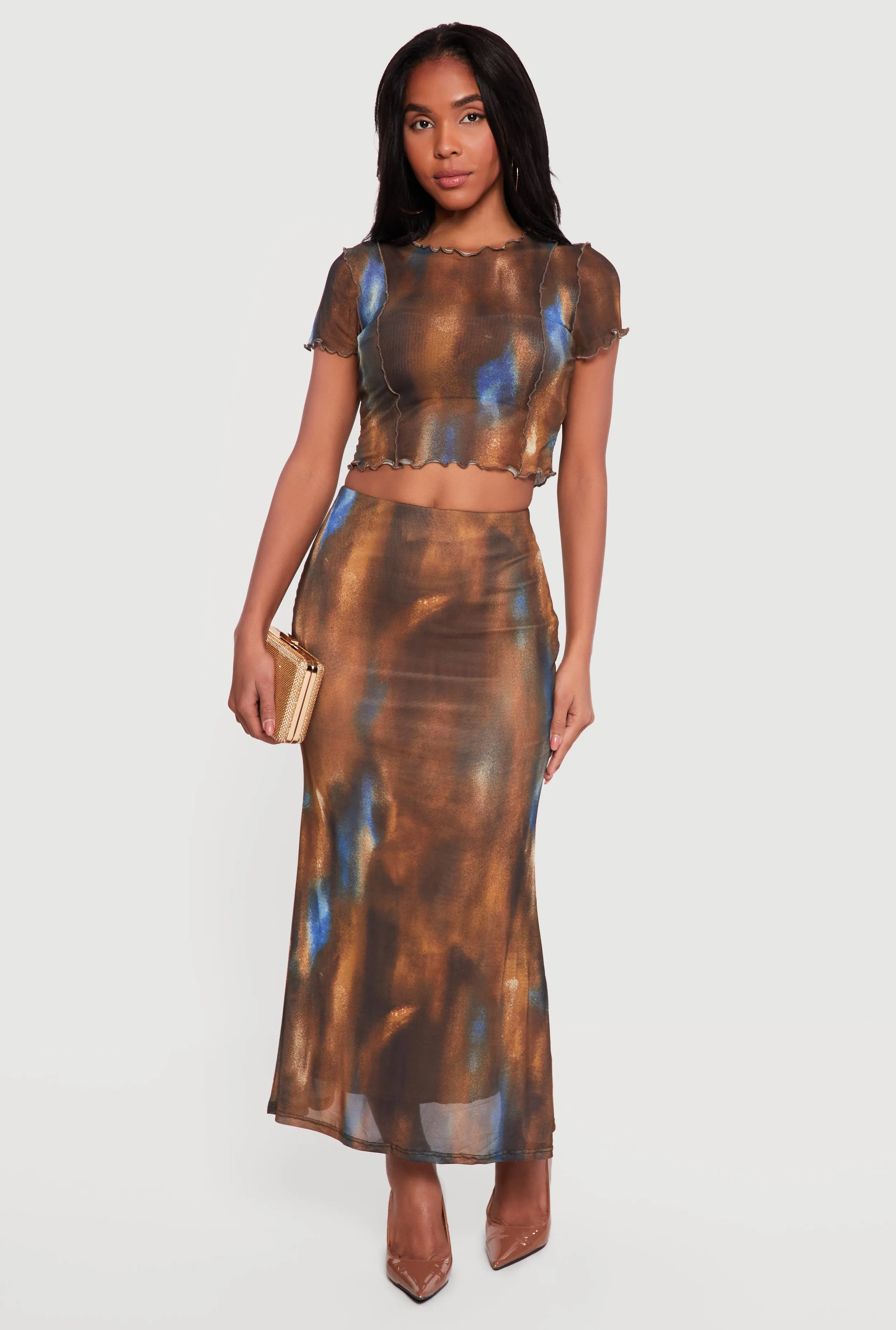 Patterned Mesh Overlay Maxi Skirt sold by Rainbow