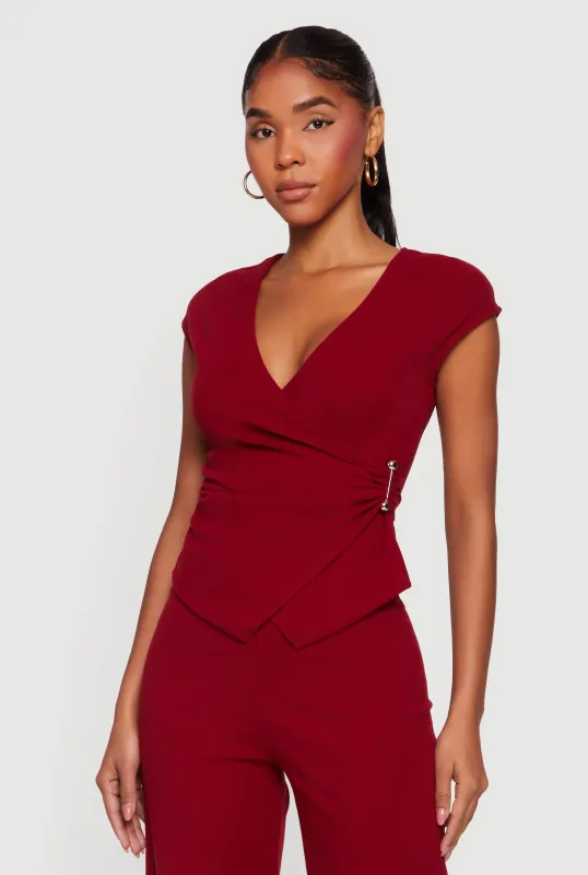 Cap Sleeve Faux Wrap Top with Metallic Pendant sold by Rainbow