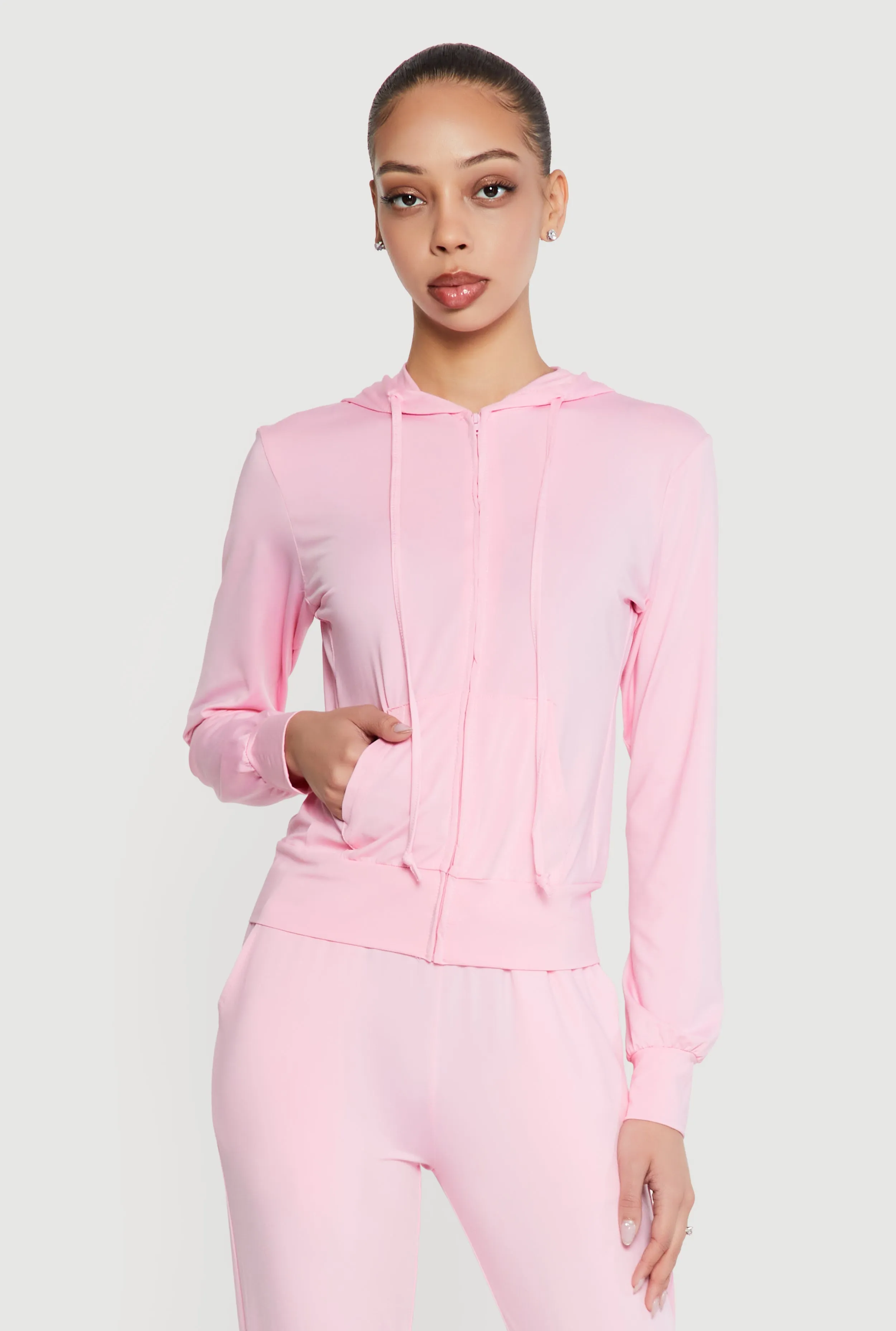 Zip Front Drawstring Hooded Track Jacket sold by Rainbow