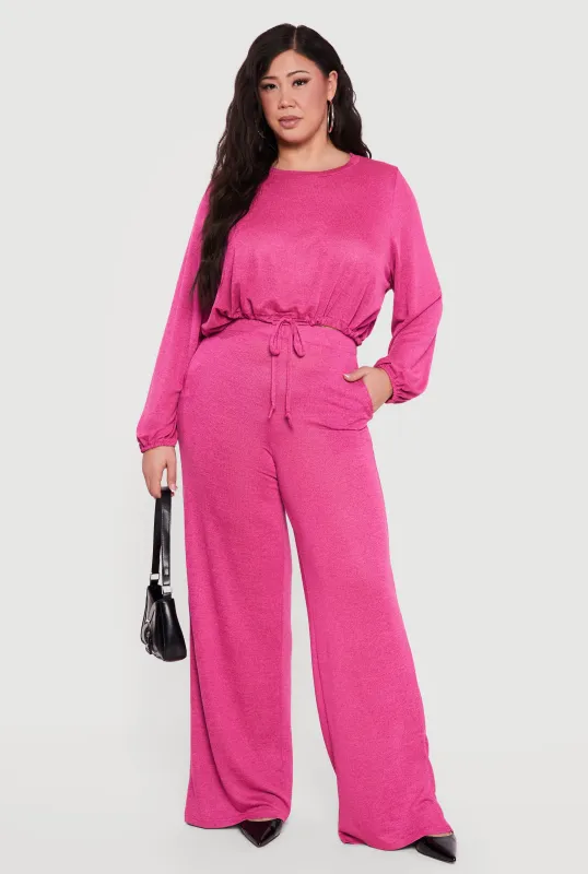 Plus Size High Waisted Wide Leg Brushed Knit Pants sold by Rainbow