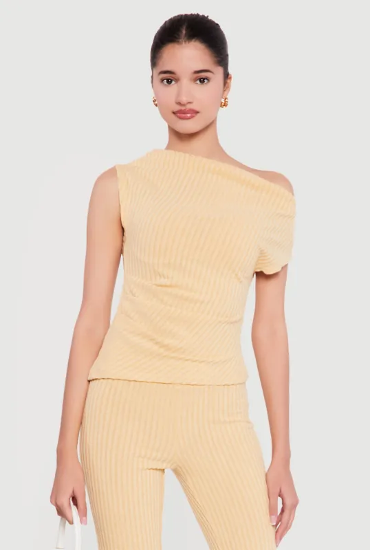 One Shoulder Rib Knit Side Ruched Blouse sold by Rainbow