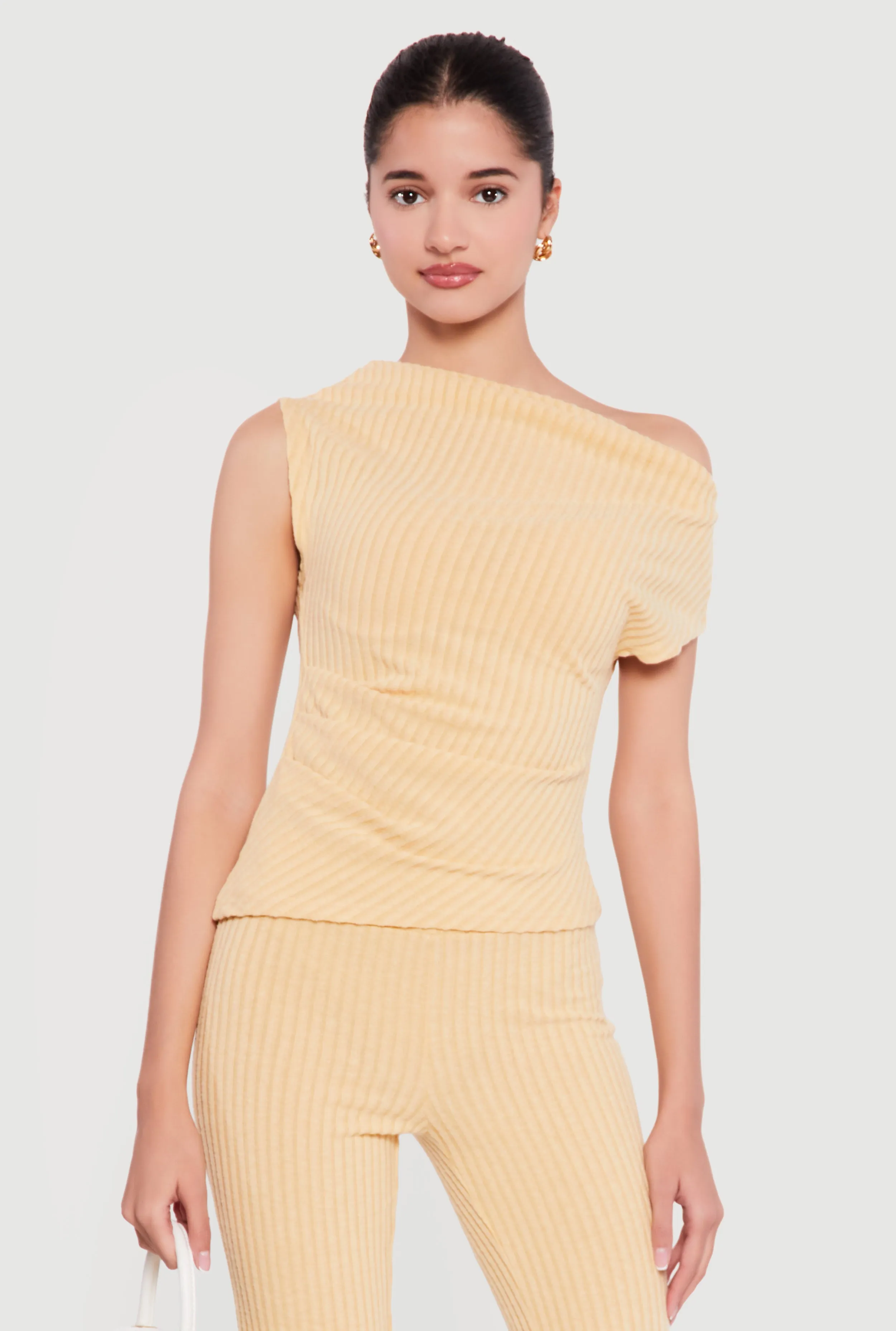 One Shoulder Rib Knit Side Ruched Blouse sold by Rainbow