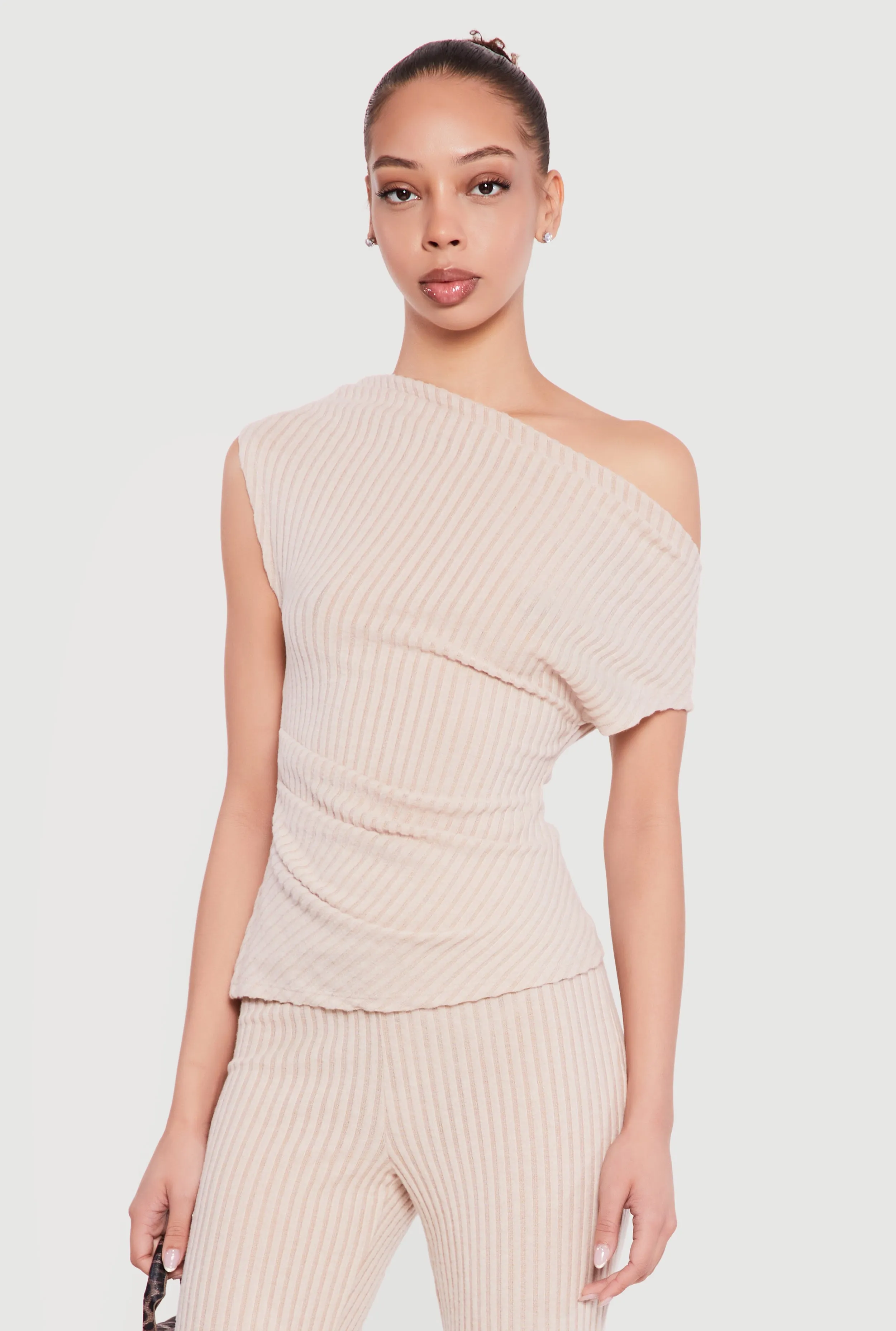 One Shoulder Rib Knit Side Ruched Blouse sold by Rainbow