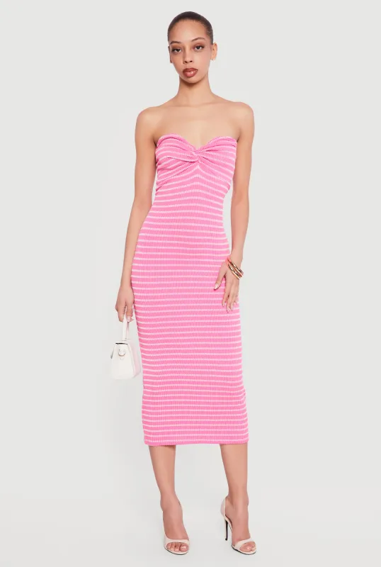 Striped Rib Knit Twist Front Tube Dress made by Rainbow