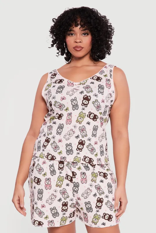Plus Size Monster Print Pajama Tank Top and Shorts sold by Rainbow