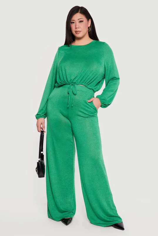 Plus Size High Waisted Wide Leg Brushed Knit Pants sold by Rainbow