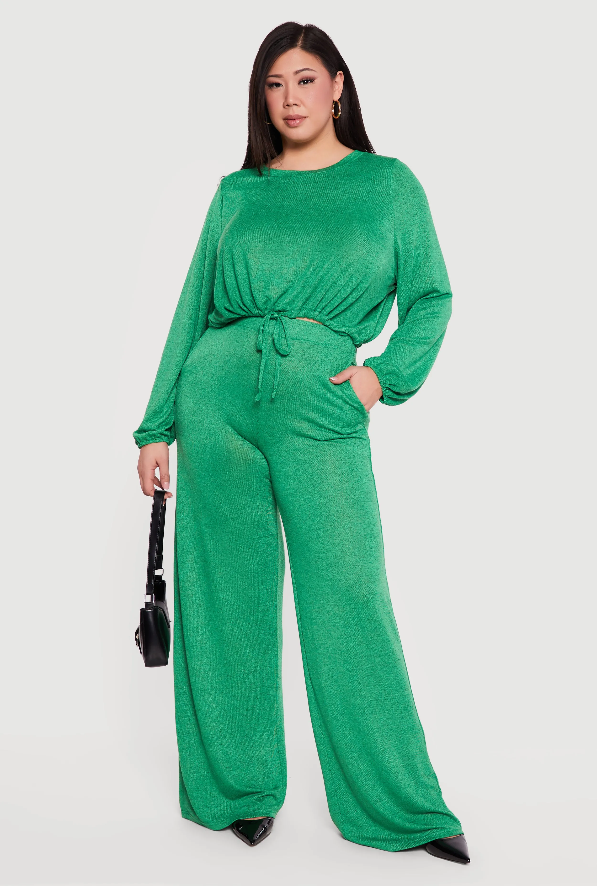 Plus Size High Waisted Wide Leg Brushed Knit Pants sold by Rainbow
