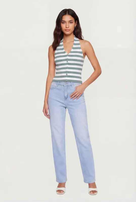 Ribbed Knit Striped Button Front Halter Top sold by Rainbow
