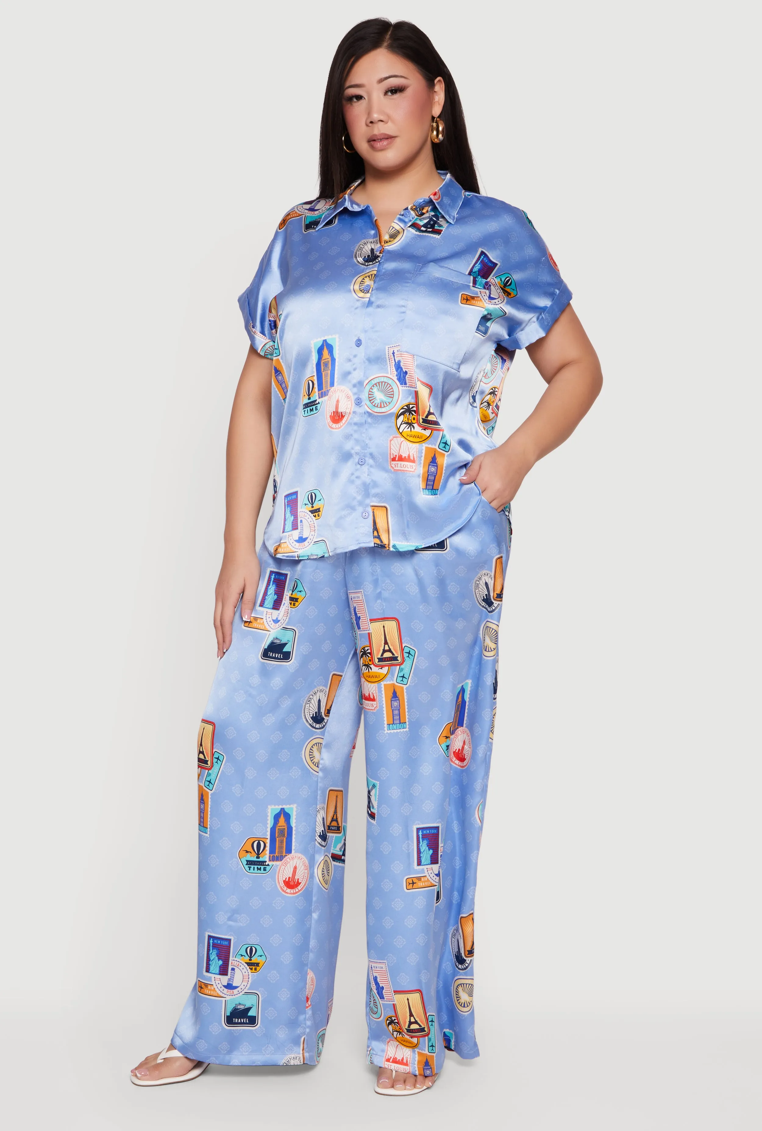 Plus Size Travel Destination Print Wide Leg Satin Pants sold by Rainbow