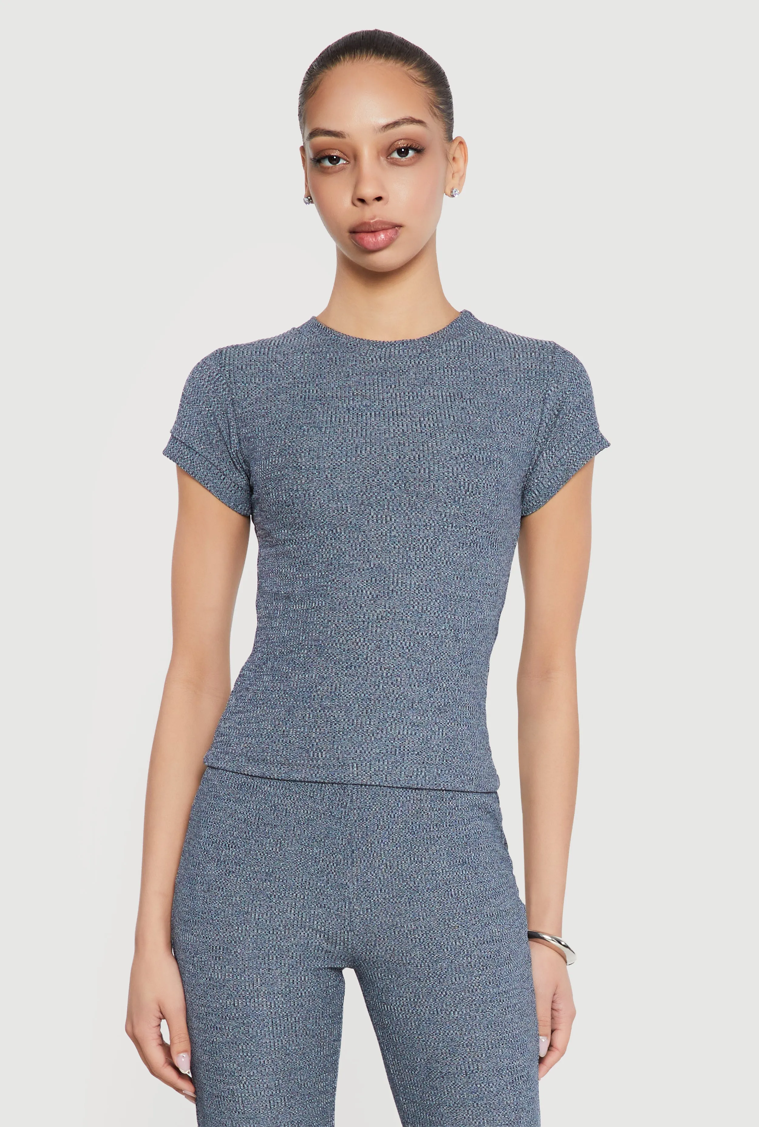 Ribbed Knit Short Sleeve High Neck Tee sold by Rainbow