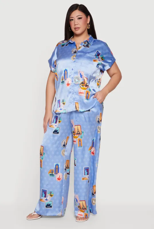 Plus Size Travel Destination Print Wide Leg Satin Pants sold by Rainbow