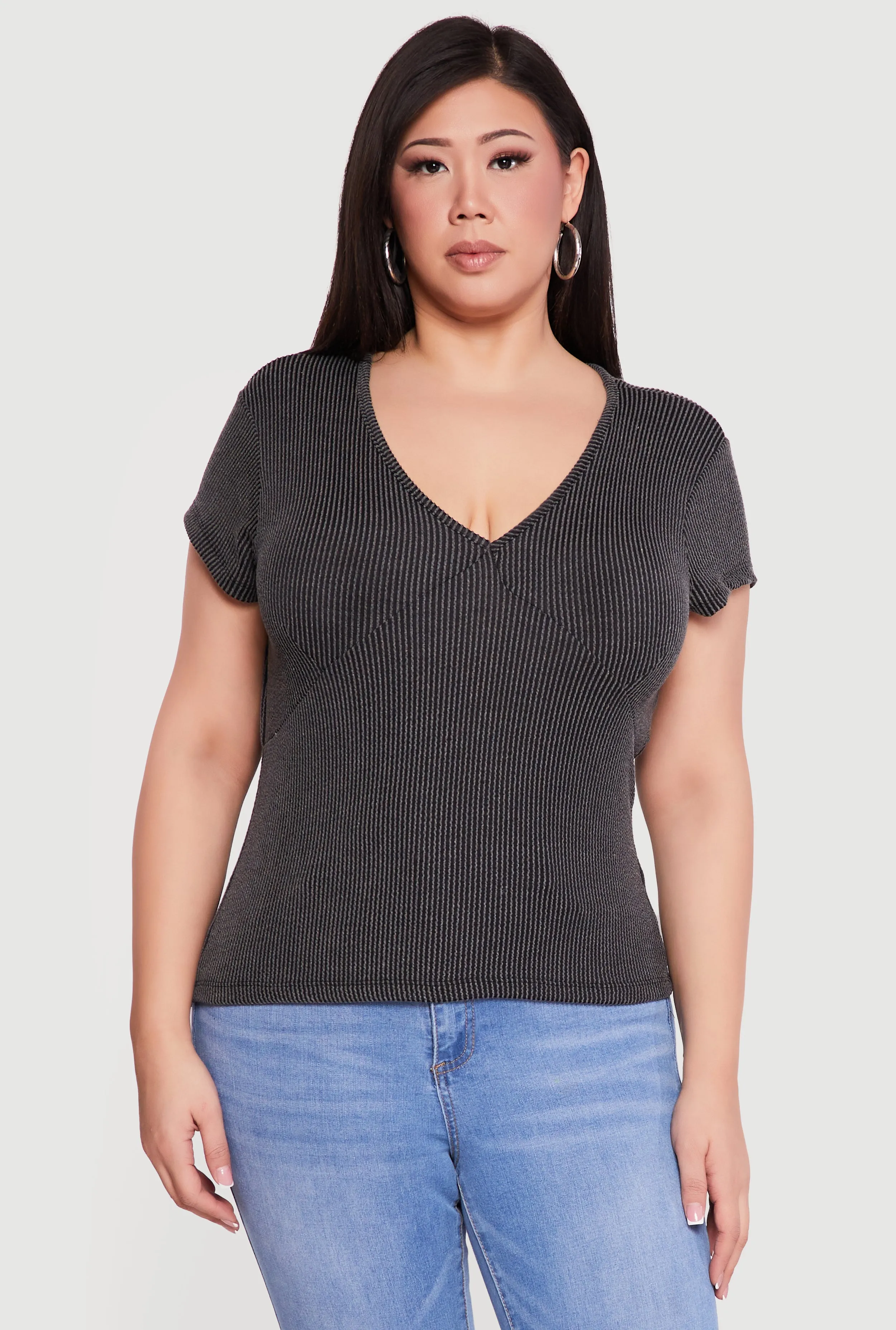 Plus Size Ribbed Knit V Neck Tee sold by Rainbow product image thumbnail 2