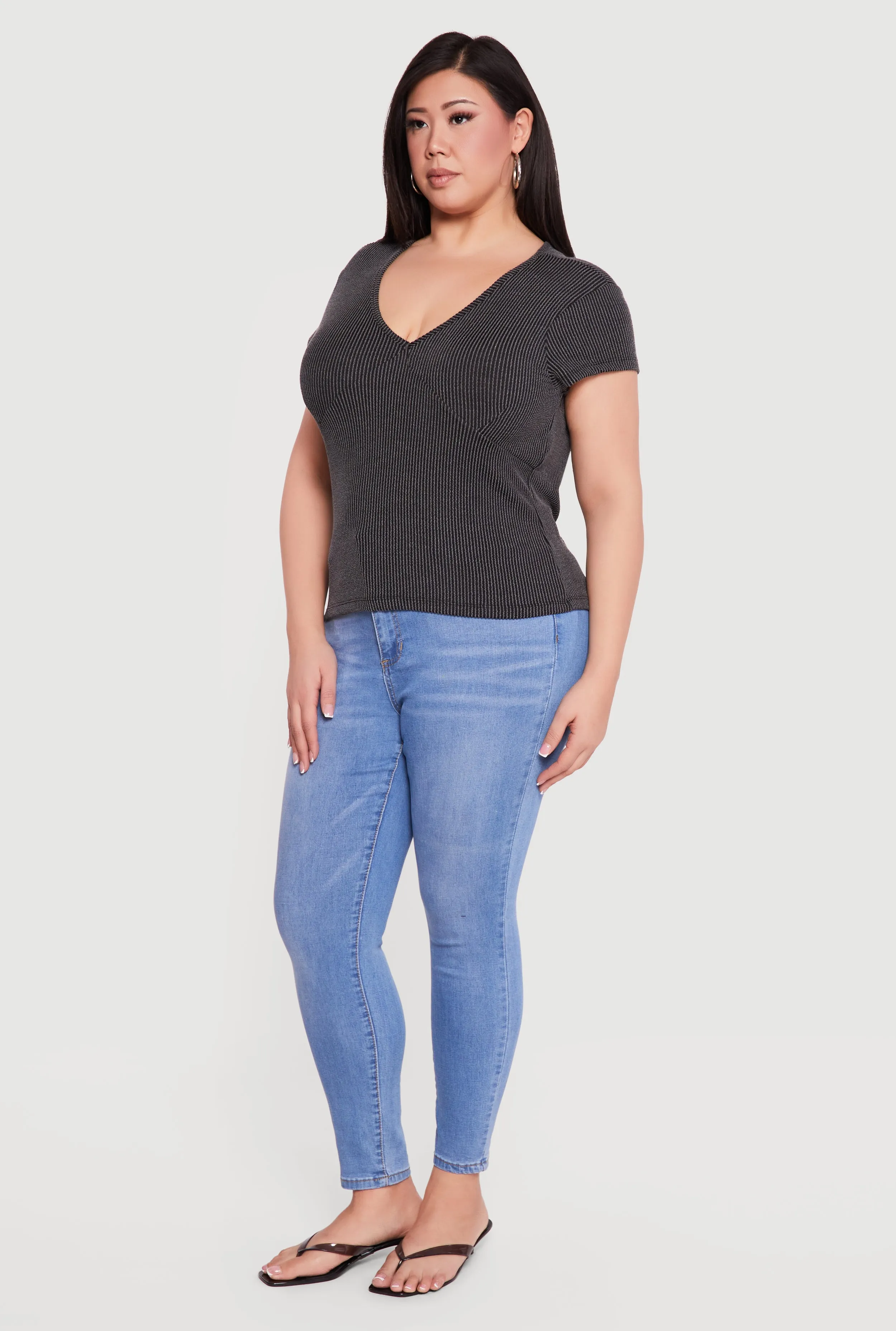 Plus Size Ribbed Knit V Neck Tee sold by Rainbow product image thumbnail 3