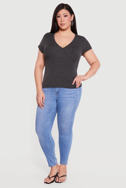 Plus Size Ribbed Knit V Neck Tee made by Rainbow