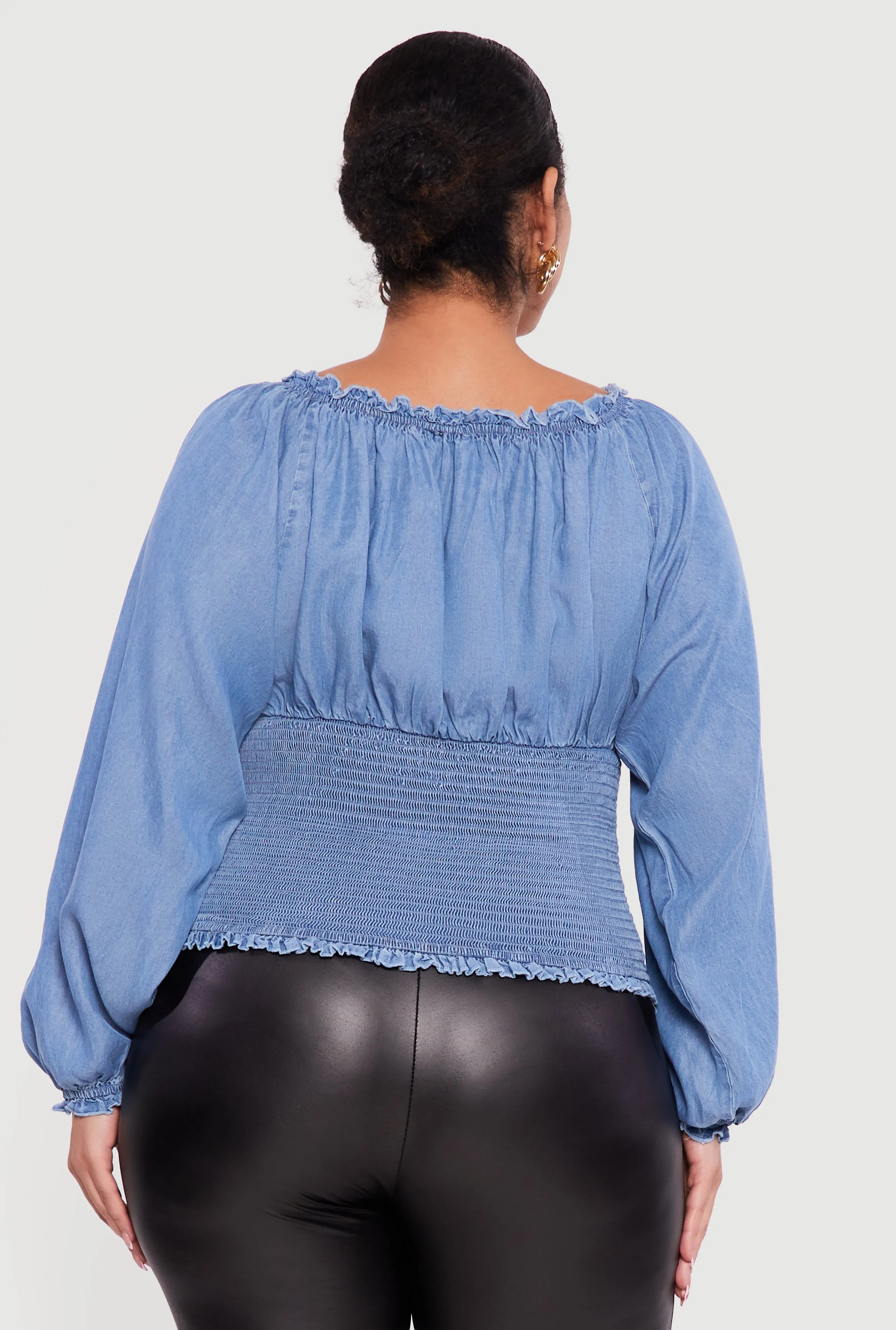 Plus Size Chambray Smocked Peasant Top with Bow sold by Rainbow product image thumbnail 5