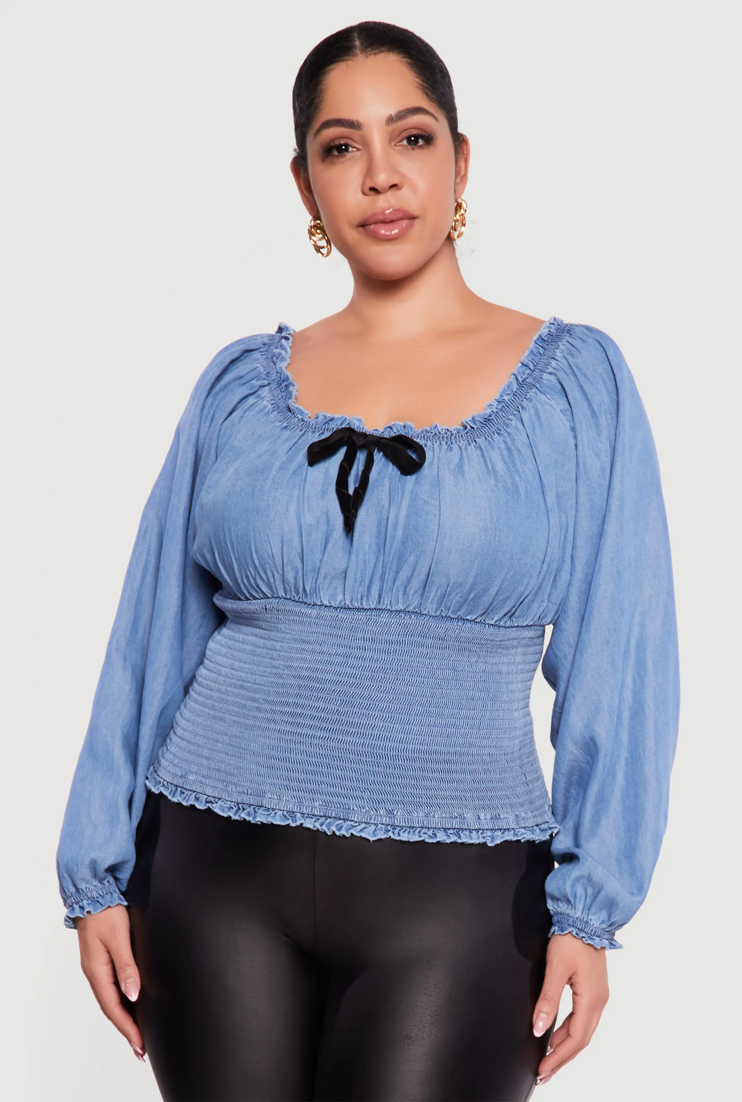 Plus Size Chambray Smocked Peasant Top with Bow sold by Rainbow product image thumbnail 2