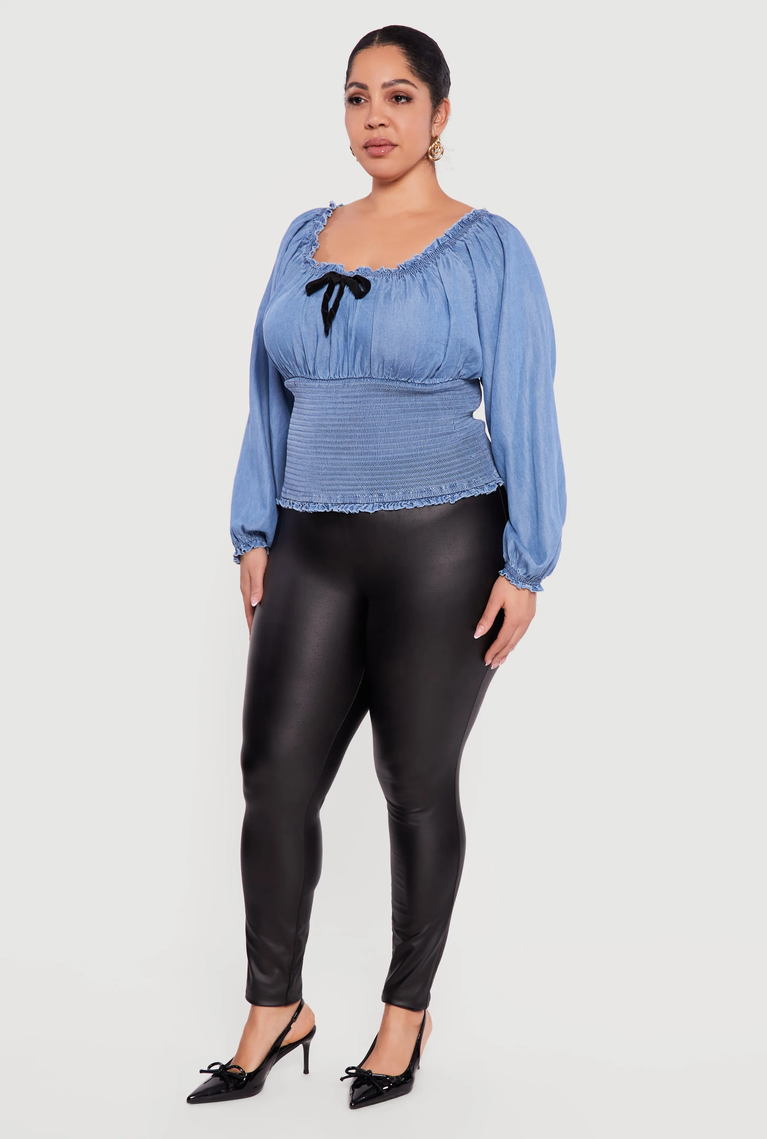 Plus Size Chambray Smocked Peasant Top with Bow sold by Rainbow product image thumbnail 3