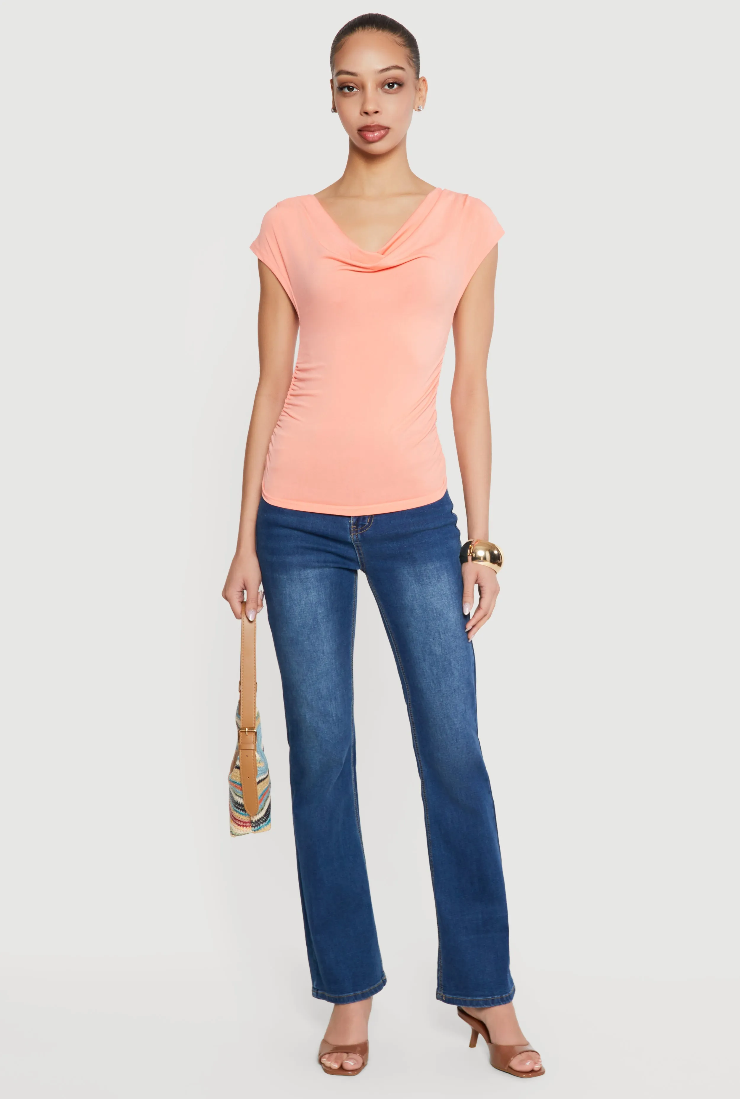 Ruched Side Cap Sleeve Cowl Neck Top sold by Rainbow