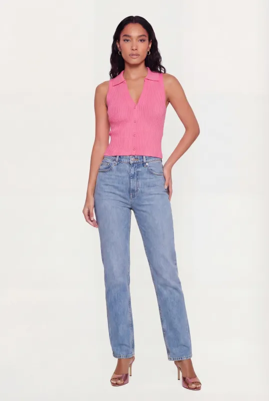 Rib Knit Button Front Collared Blouse sold by Rainbow