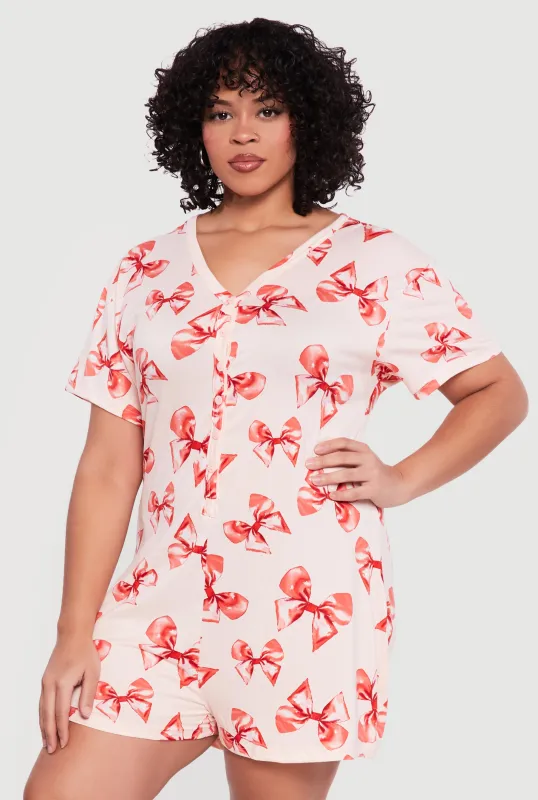 Plus Size Bow Print Pajama Romper sold by Rainbow