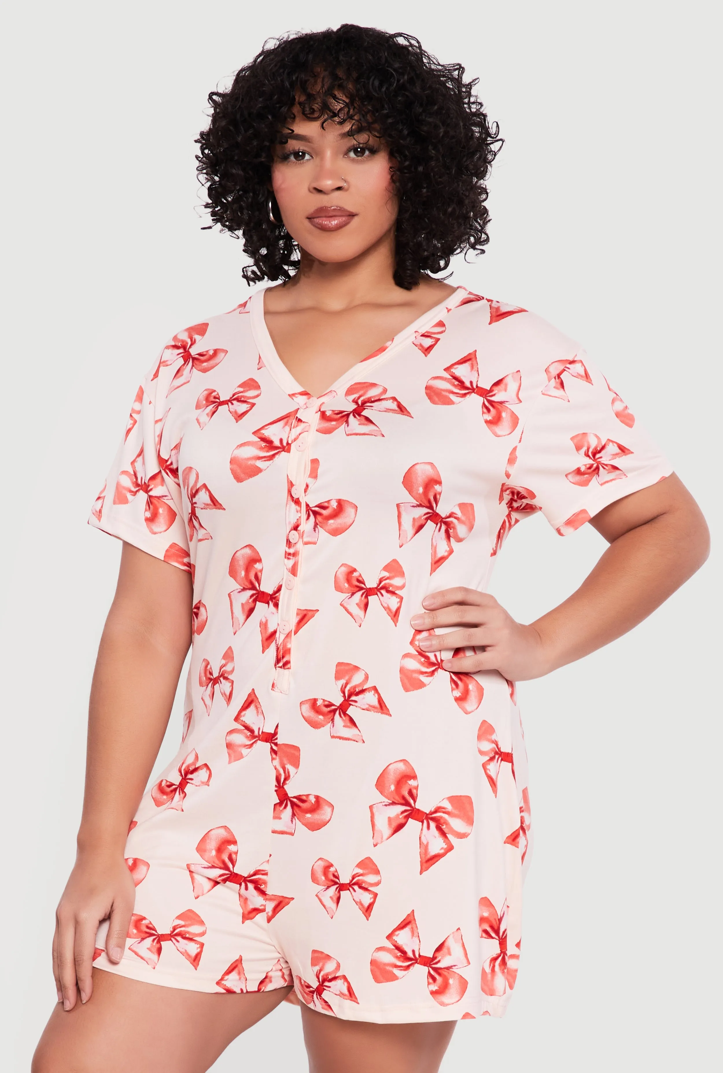 Plus Size Bow Print Pajama Romper sold by Rainbow
