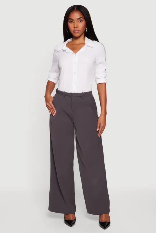 Crepe Knit Belted Front Wide Leg Dress Pants made by Rainbow