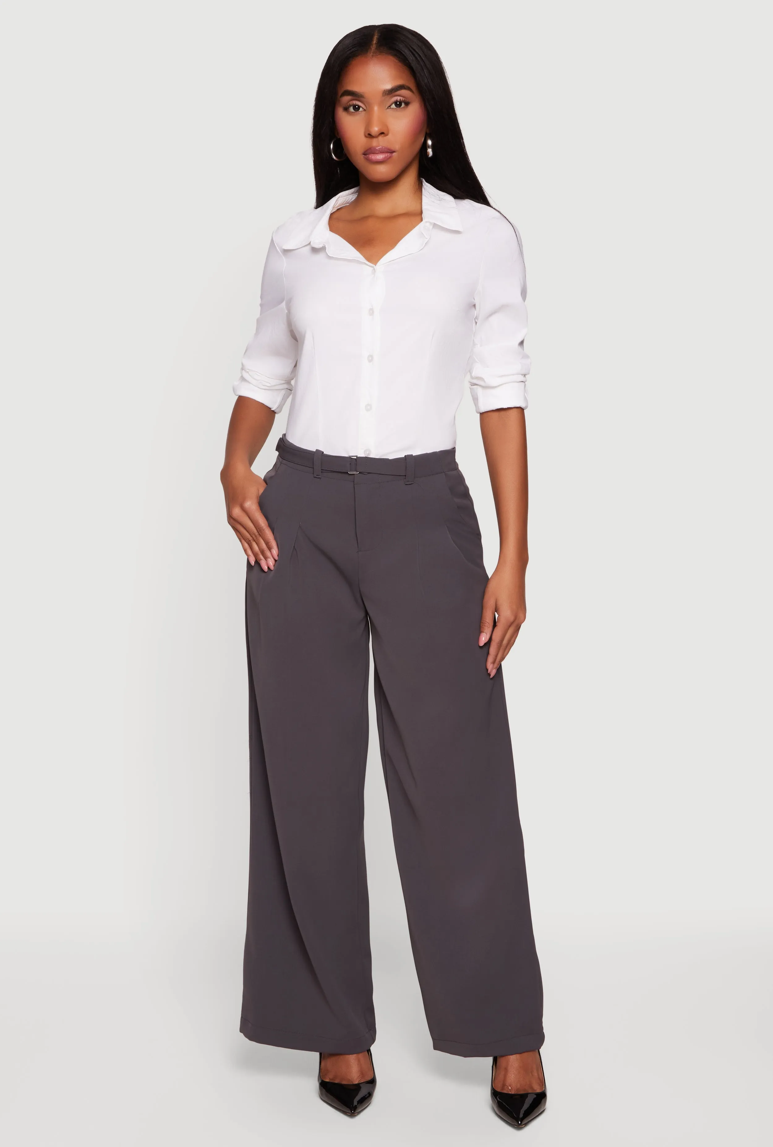 Crepe Knit Belted Front Wide Leg Dress Pants sold by Rainbow