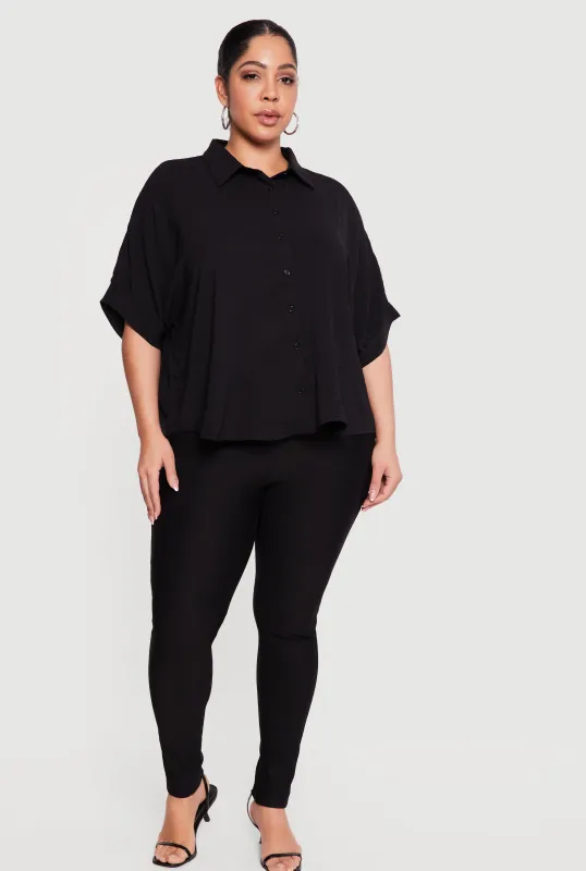 Plus Size Crepe Knit Button Front Shirt sold by Rainbow