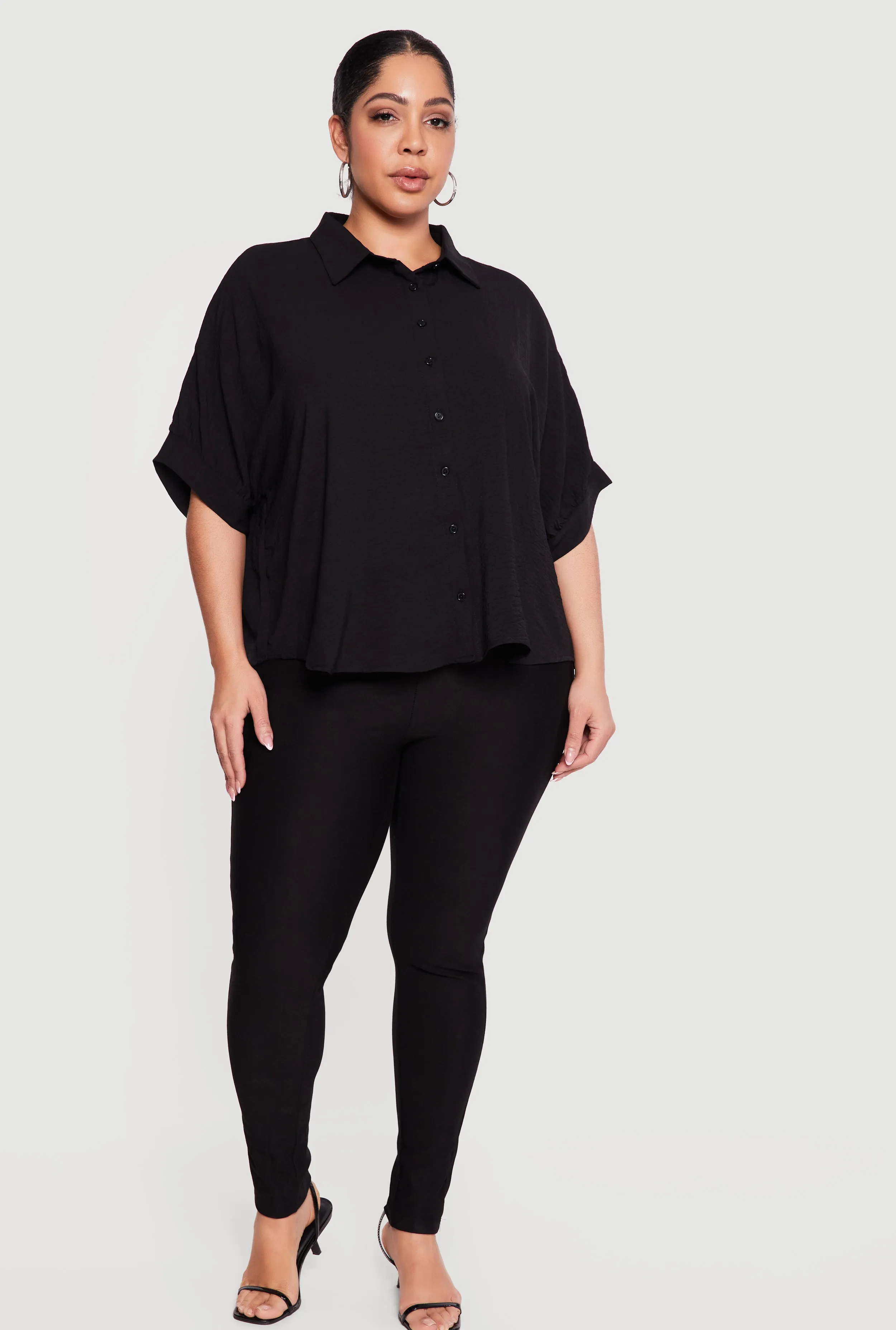 Plus Size Crepe Knit Button Front Shirt sold by Rainbow