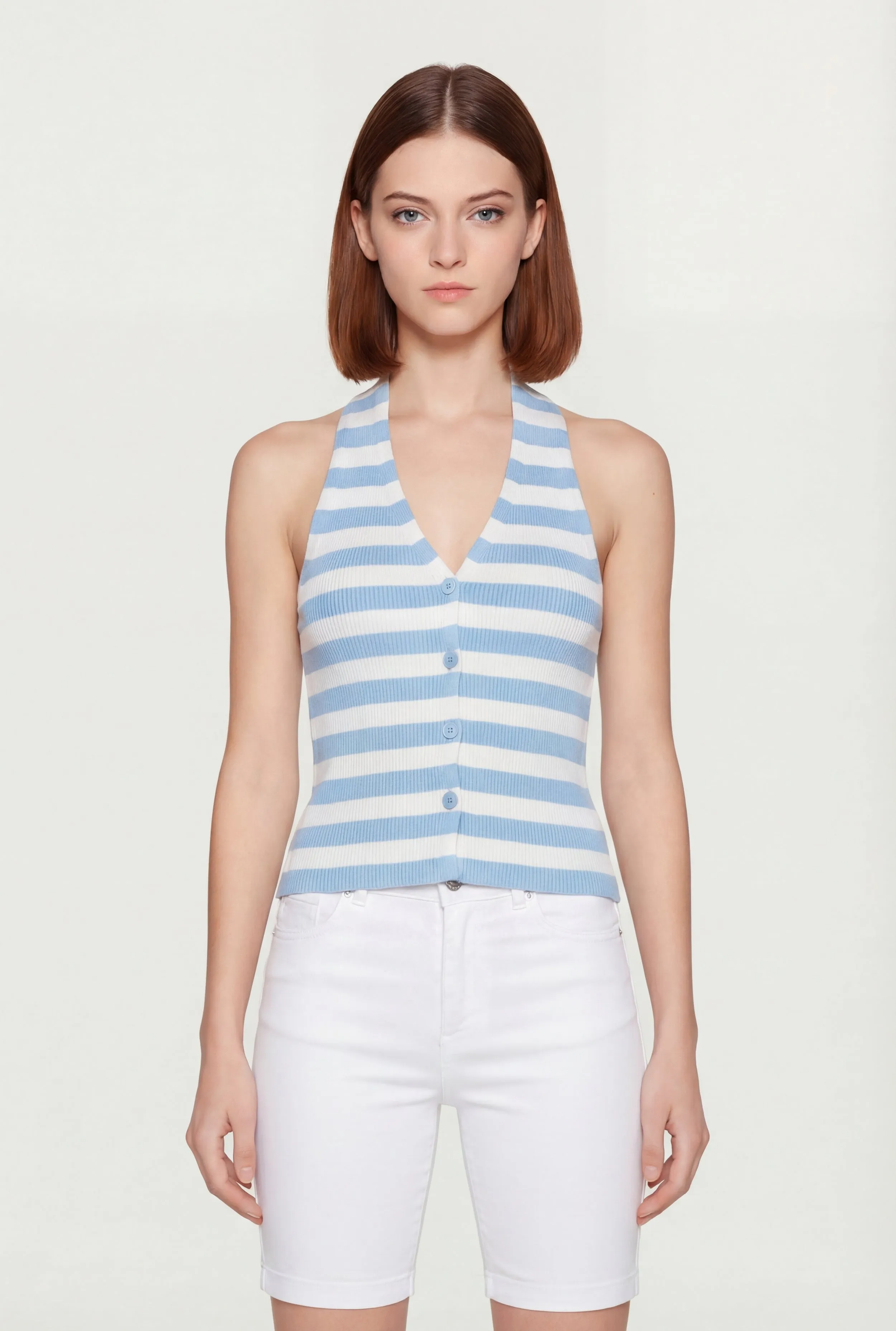 Ribbed Knit Striped Button Front Halter Top sold by Rainbow product image thumbnail 3