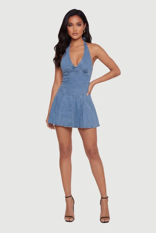 Denim Plunge Halter Mini Dress sold by Rainbow