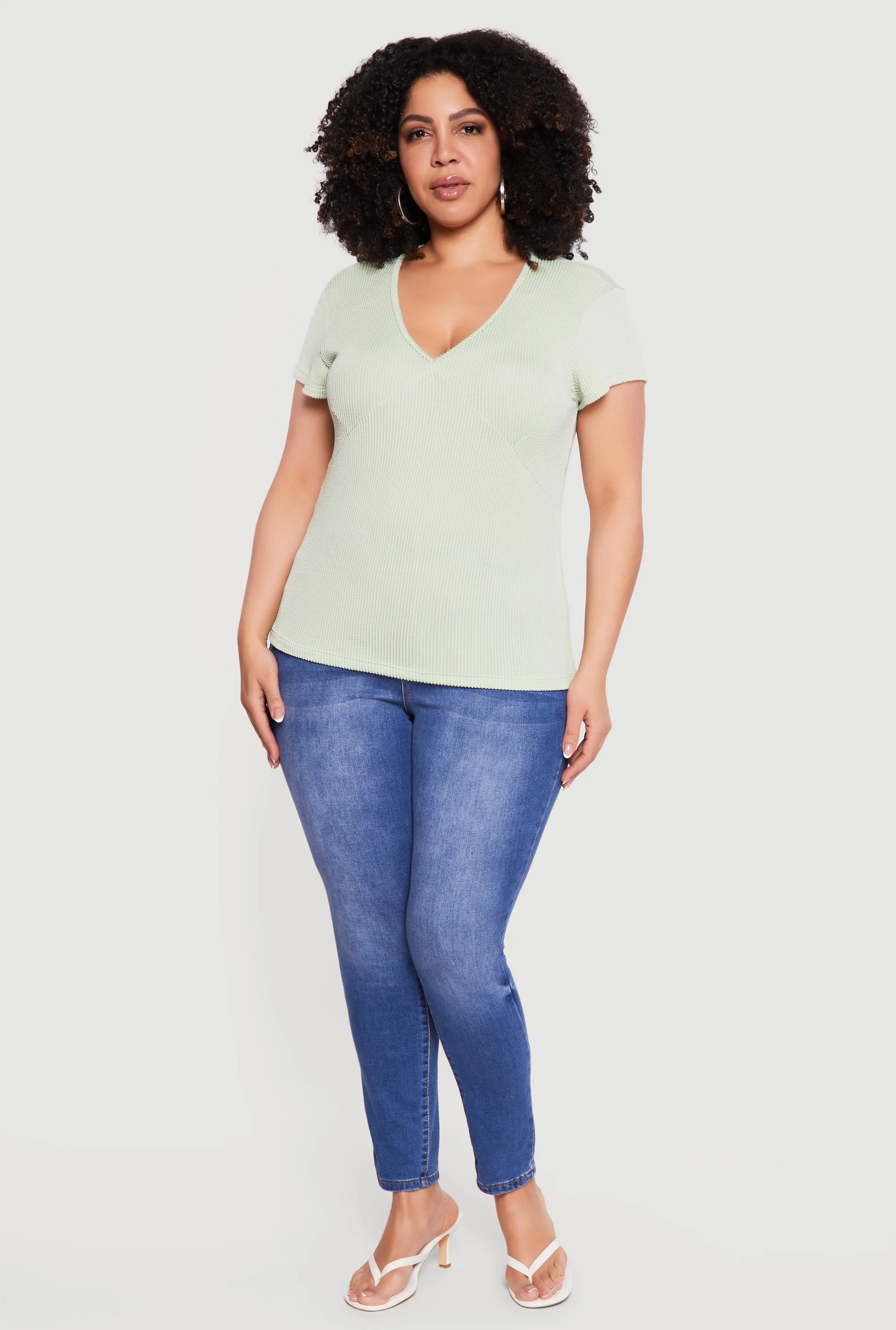 Plus Size Ribbed Knit V Neck Tee sold by Rainbow
