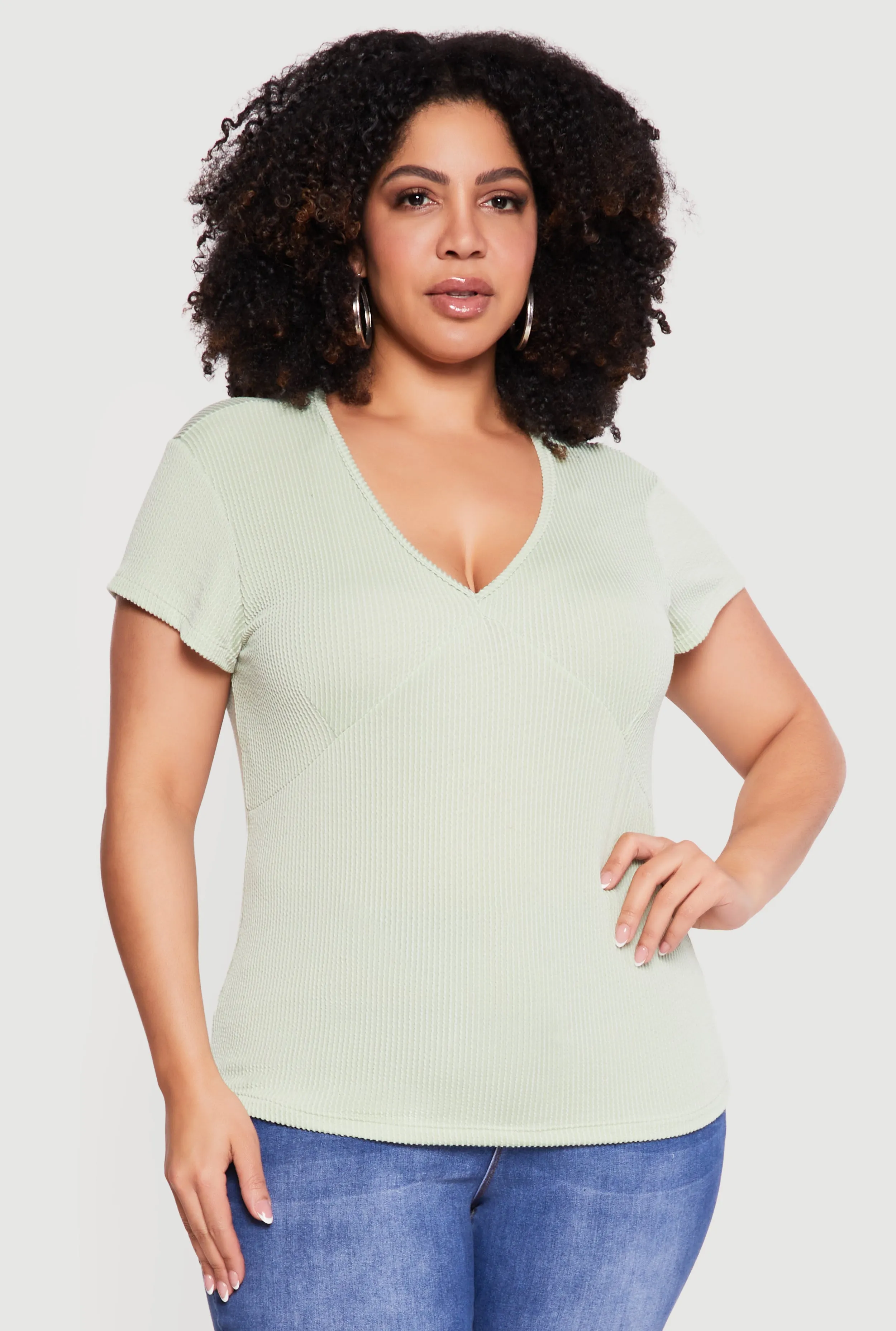Plus Size Ribbed Knit V Neck Tee sold by Rainbow product image thumbnail 2
