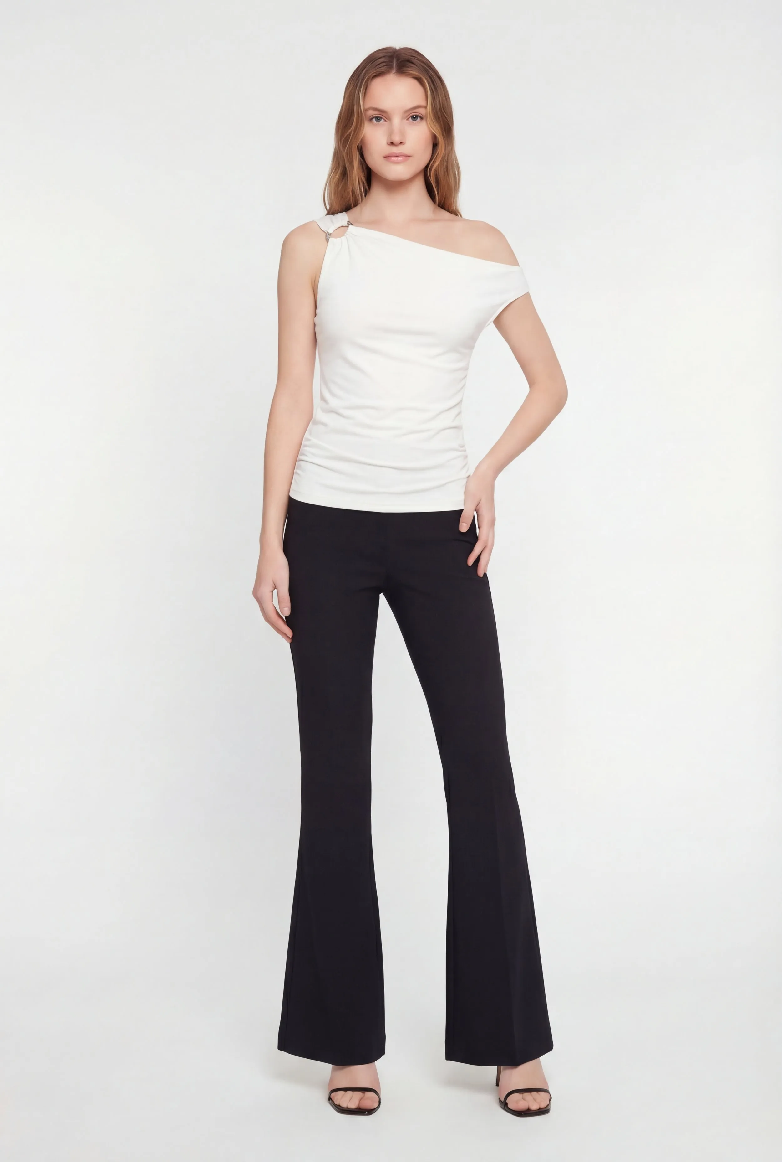 Asymmetric Metallic Ring Detail Side Ruched Blouse sold by Rainbow