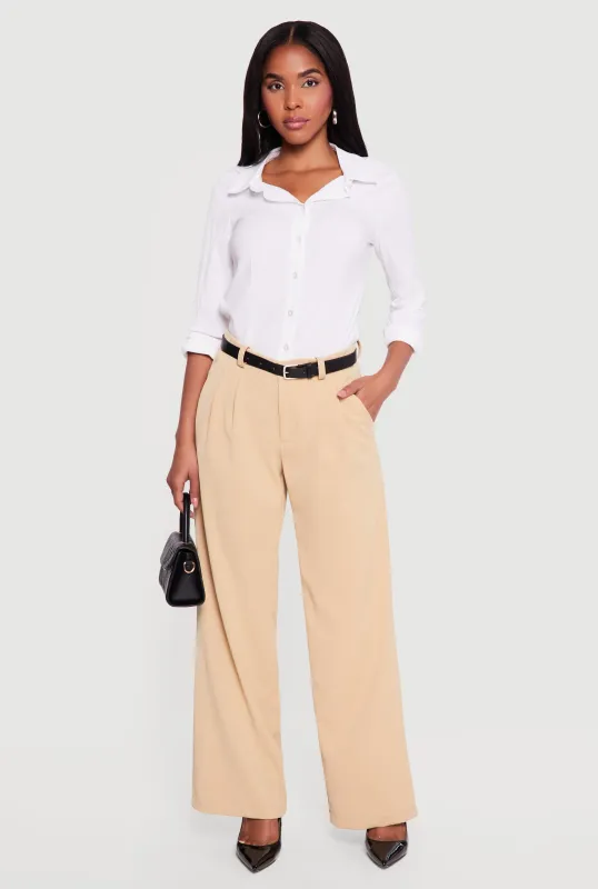 Crepe Knit Pleated Wide Leg Dress Pants with Belt made by Rainbow