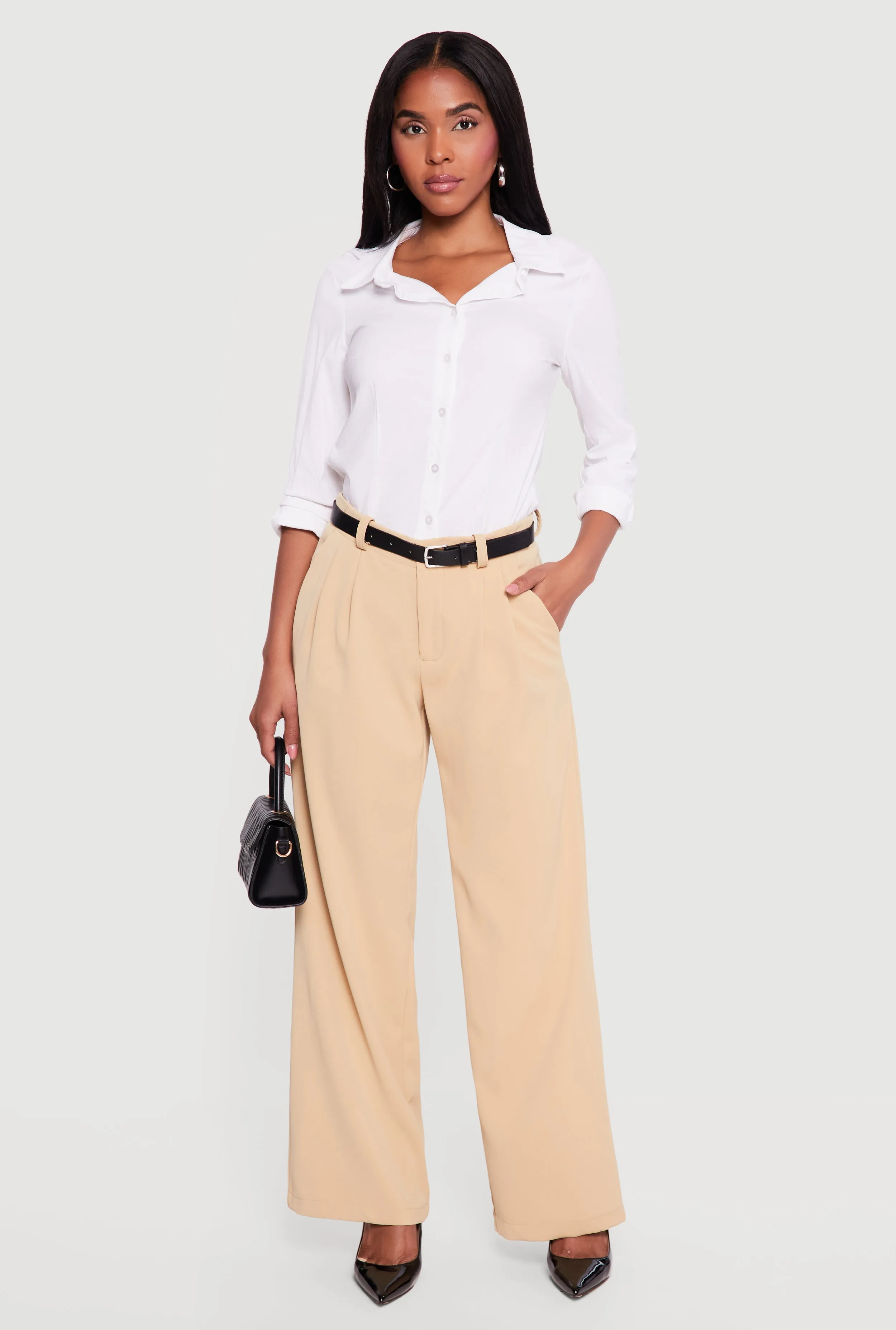 Crepe Knit Pleated Wide Leg Dress Pants with Belt sold by Rainbow