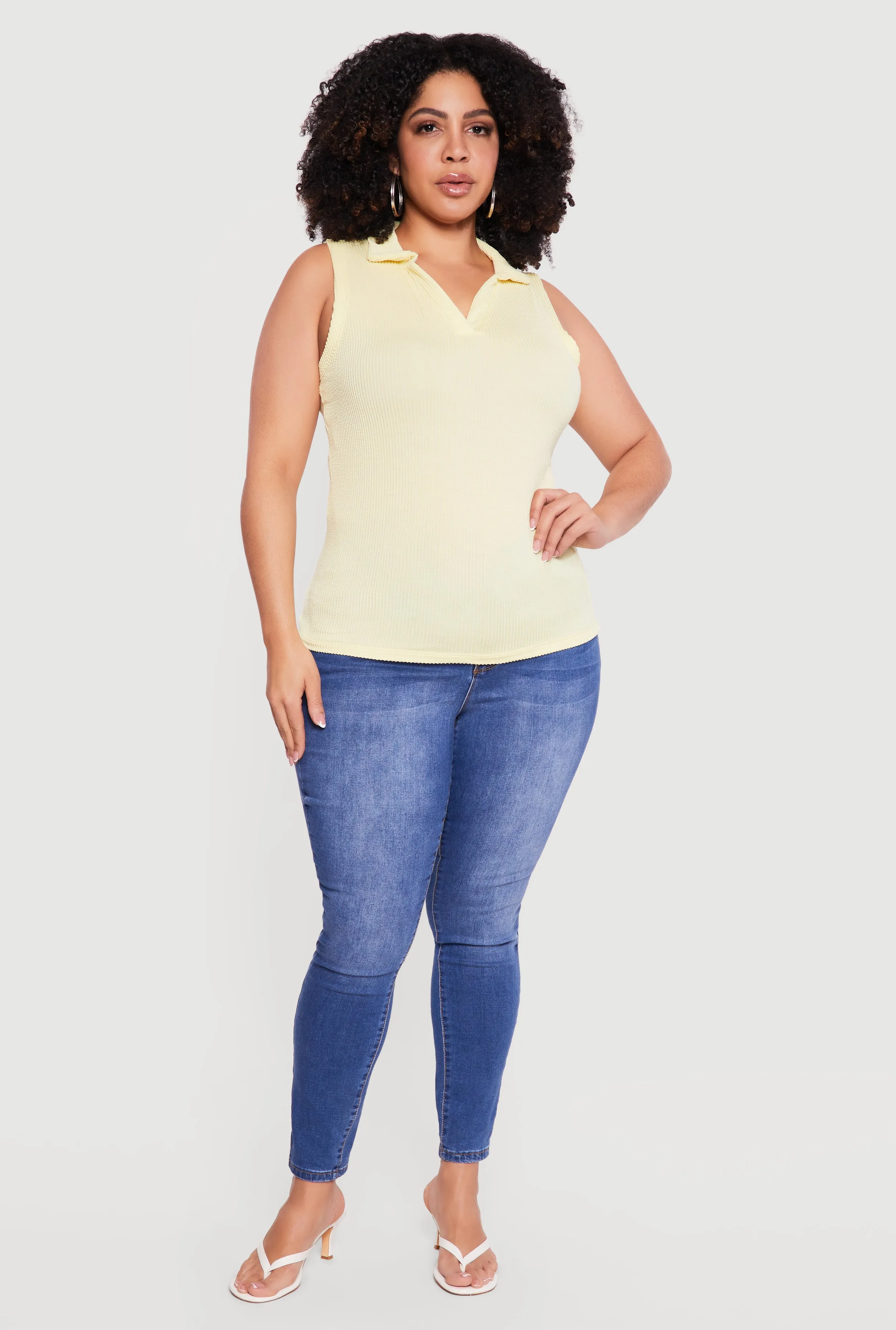 Plus Size Ribbed Knit Sleeveless Polo Top sold by Rainbow