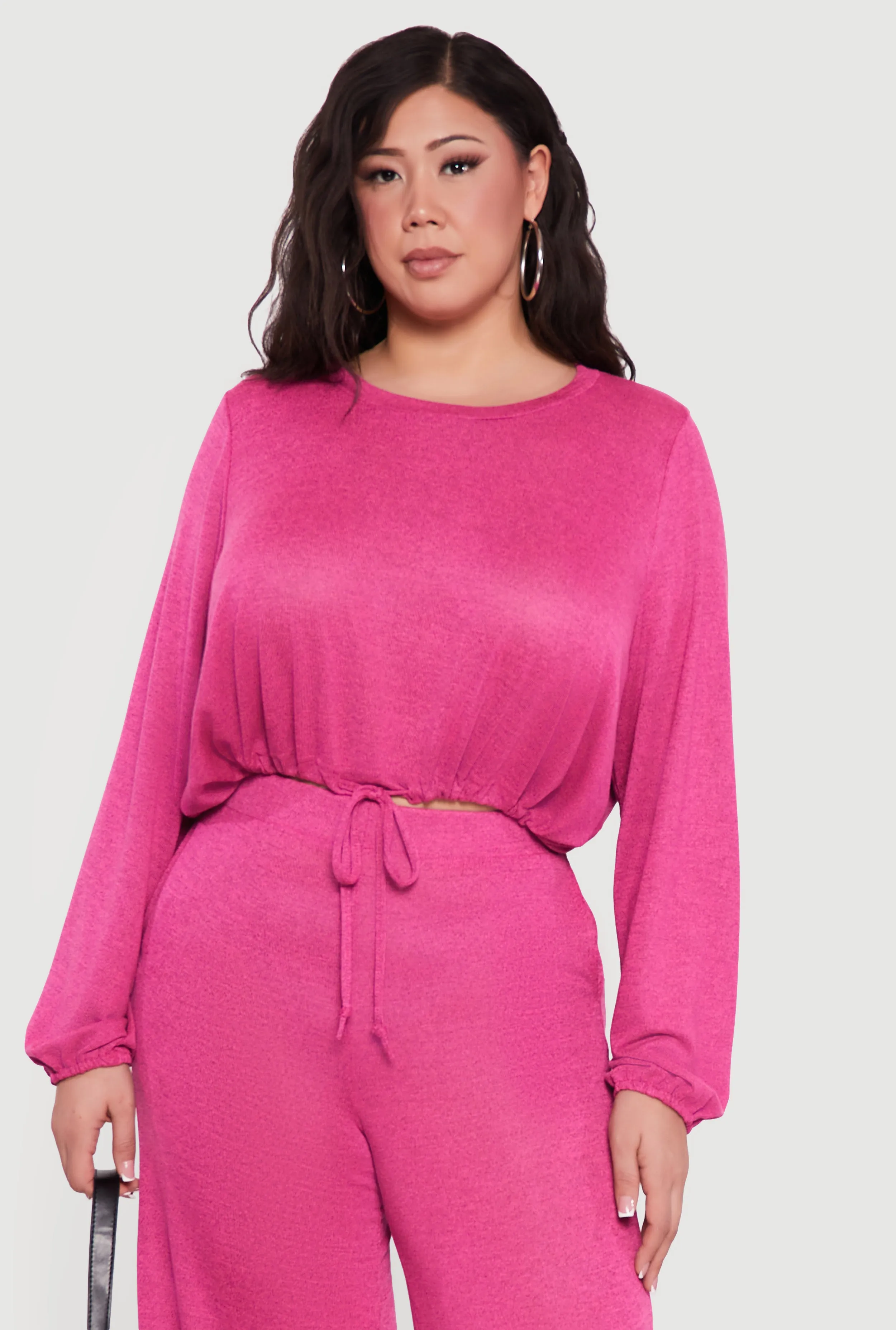 Plus Size Drawstring Hem Long Sleeve Crop Top sold by Rainbow